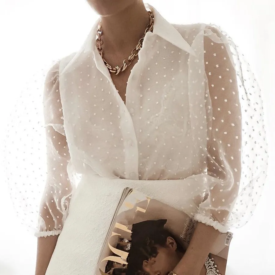 

Women Polka Dot Transparent Mesh Shirt Turn-Down Collar Lantern Sleeve Sexy Blouse Casual Summer Solid Shirts