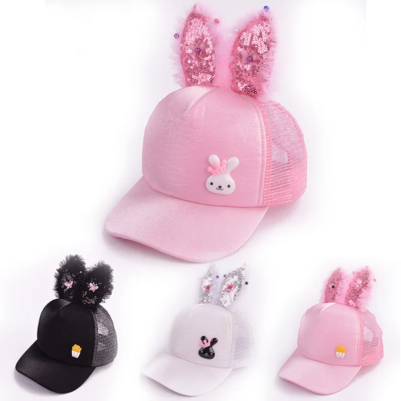 

Cute Rabbit Ear Baby Hat Lace Sequins Baby Girls Boys Baseball Cap Kids Snapback Mesh Cap Summer Children Hip Hop Sun Hats
