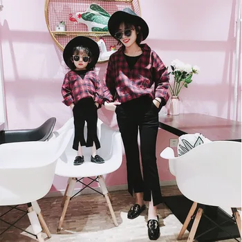 

Family Clothing Mommy and Me Clothes Korean Fashion Plaid Shirt for Baby Girl Children Long Sleeve Cute Blouse Girl Top Tees