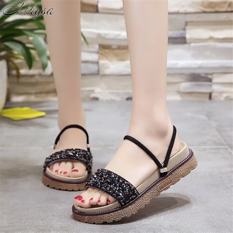 

Mhysa 2019 Summer Fashion Women's Slippers Sequins Sandals Indoor Outdoor non-slip Mid Heels Platform Slippers Flip-flops T154