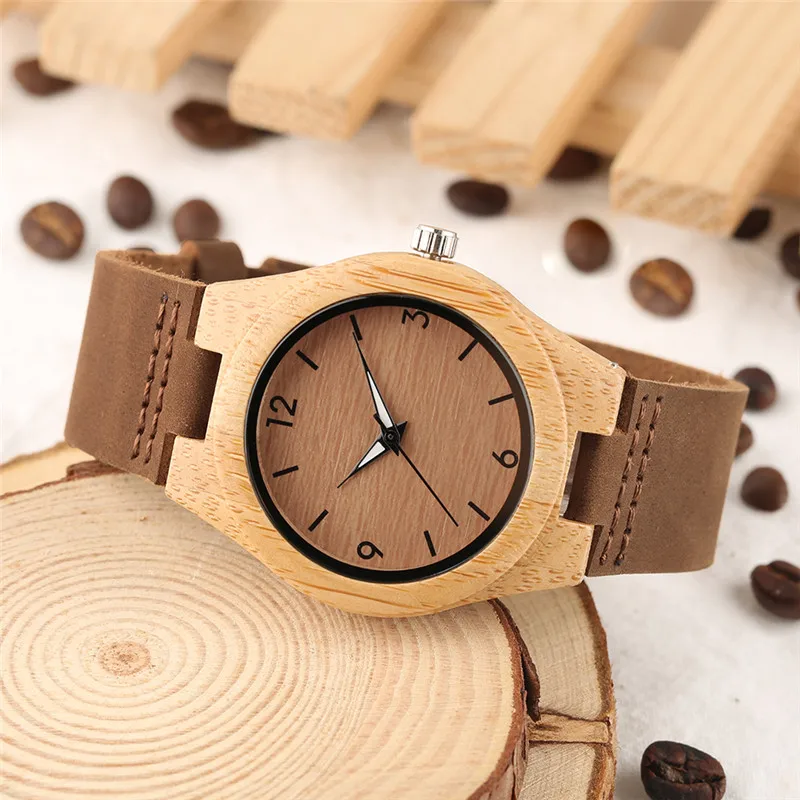 Винтажные часы из бамбукового дерева, простые женские кварцевые аналоговые часы с Циферблатом из натуральной кожи, мужские женские часы, подарки на день Святого Валентина