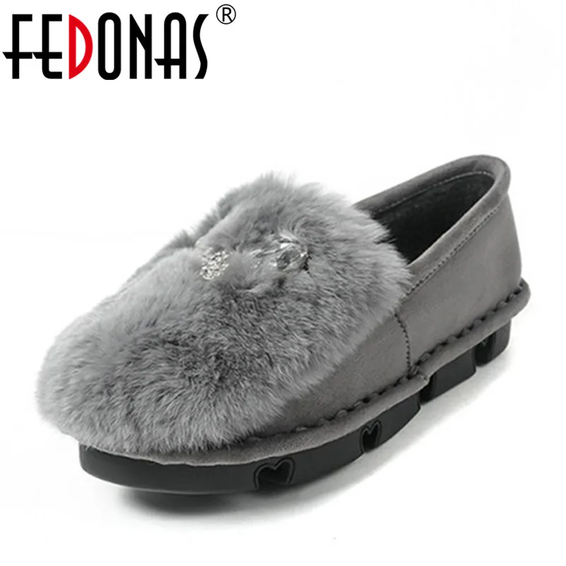 FEDONAS New Arrival Fashion Women Rhinestone Flat Winter Shoes Warm Loafers Plush Inside Snow Female Rabbit Fur Casual Shoes