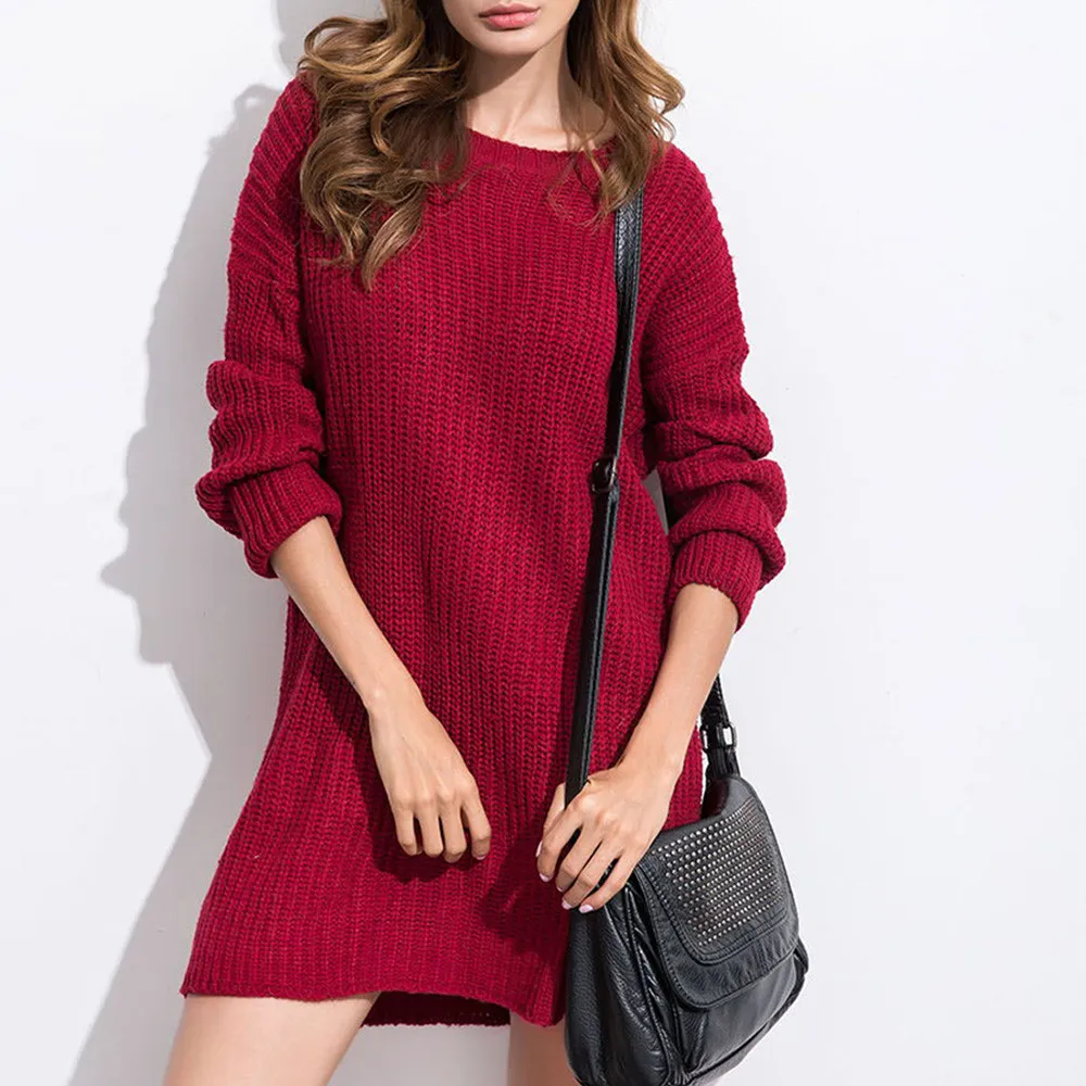 

MUQGEW New Arrival Autumn Winter Women Casual Cute Solid Loose Long Sleeve Loose O Neck Knitted Long Sweaters Mini Dress