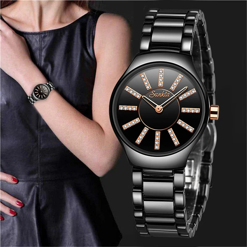 

SUNKTA New Fashion 2019 Luxury Brand Rhinestone Watches Women Ceramics Quartz Watch Ladies Dress Bracelet Clock Zegarek Damski