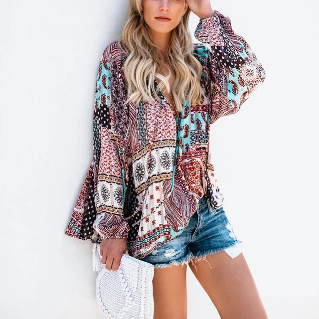US $6.69 Women Floral Loose Chiffon Blouse Vintage Kimono Cardigan Boho Chiffon Coat Women Short Sleeve Prin