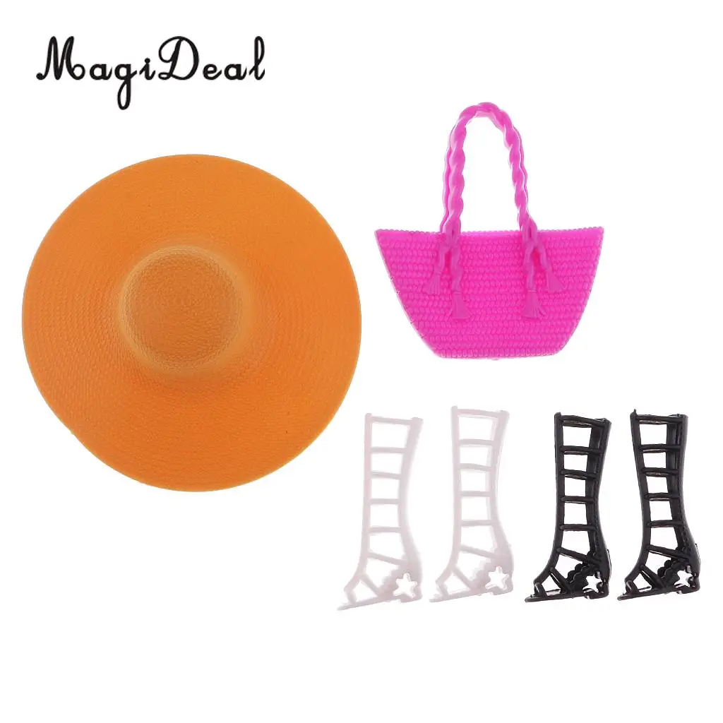 MagiDeal 6Pcs Plastic Clothes set for Doll Dress Up Bag Hat Shoes Beach Holiday Costumes Accs Kids Pretend Play Toys