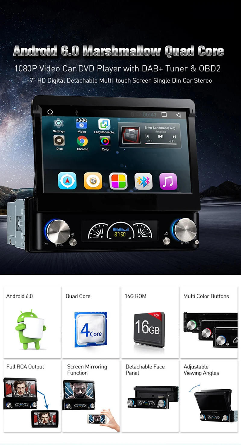 Excellent HIFIF 7" Universal 1 Din 800*480 Android 6.0 Car Audio DVD Player+Radio+GPS+Autoradio+Stereo+BT+PC+DVD Automotivo+SD USB RDS Aux 1