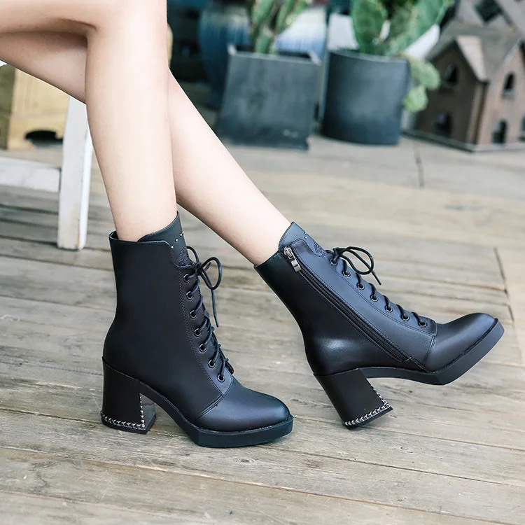 

Fashion Mid-Calf Flock Basic Boots Women Pointed Toe Cross-tied Martin Boots Solid High Square Heel Winter Shoes Plus Size