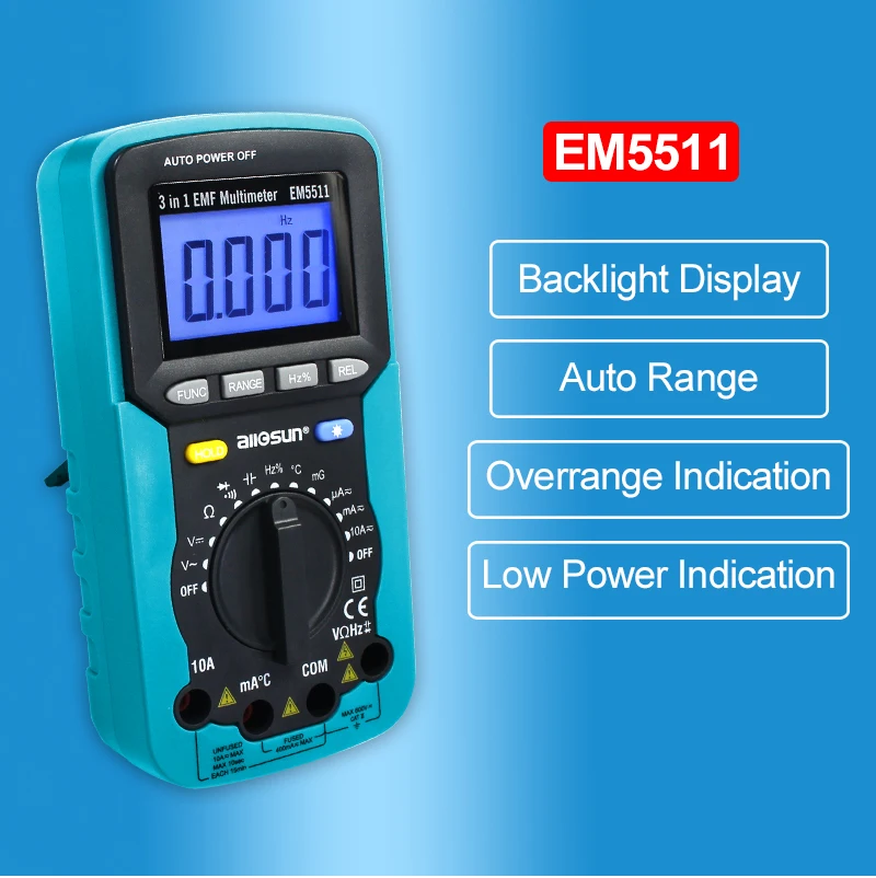 Все-солнце EM5511 EMF Цифровой мультиметр 3 в 1 EMF мультиметр Подсветка ЖК-дисплей Тестер Многофункциональный мультиметры EMF тестер