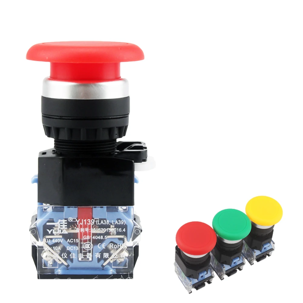 

YIJIA Installation hole 22mm Mushroom head φ40mm push button Momentary/Maintained Red Green Yellow YJ139-LA38A-11M LA38-11MZS