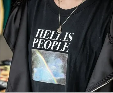 HahayuleUnisex Мужская Женская Tumblr футболка с рисунком на тему гранж Hell Is People Радужный принт цитаты графическая Футболка Harajuku уличная одежда крутая одежда - Цвет: Черный