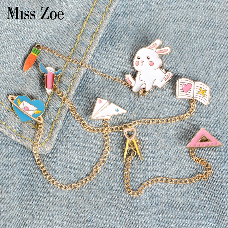 

4Styles School Life Enamel Pins Chain Rabbit Carrot Pencil Love Letter Plane Badge Brooches Denim Shirt Lapel Pin Custom Jewelry