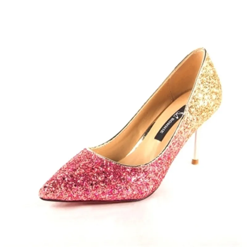 

2018 Europe and the United States new low-top shallow pointed sharp sequin sequined high-heeled shoes with sexy shoes