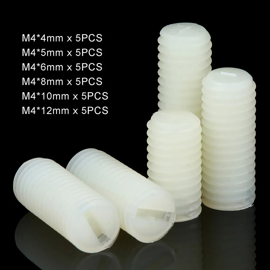 M4 x 0.7 4mm White Nylon Plastic Slotted Head Set Screws Flat Point Grub Screws