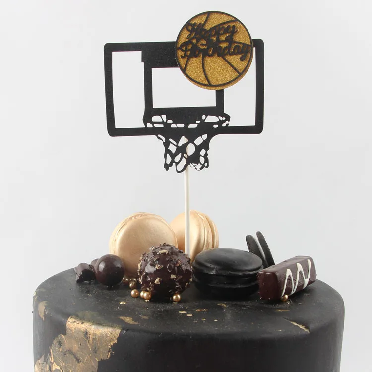 

New Theme Basketball Cupcake Topper Black Gold Happy Birthday Cake Topper For Baby Shower Boys Birthday Party Cake Decorations