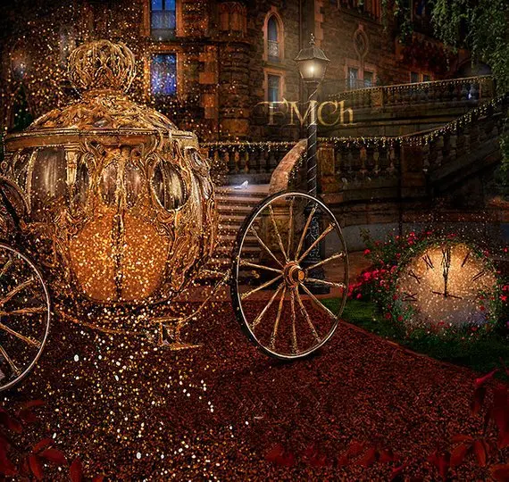 

Cinderella Golden Carriage Clock Glitter Blue Fog Vignette backdrop Computer print children kids background