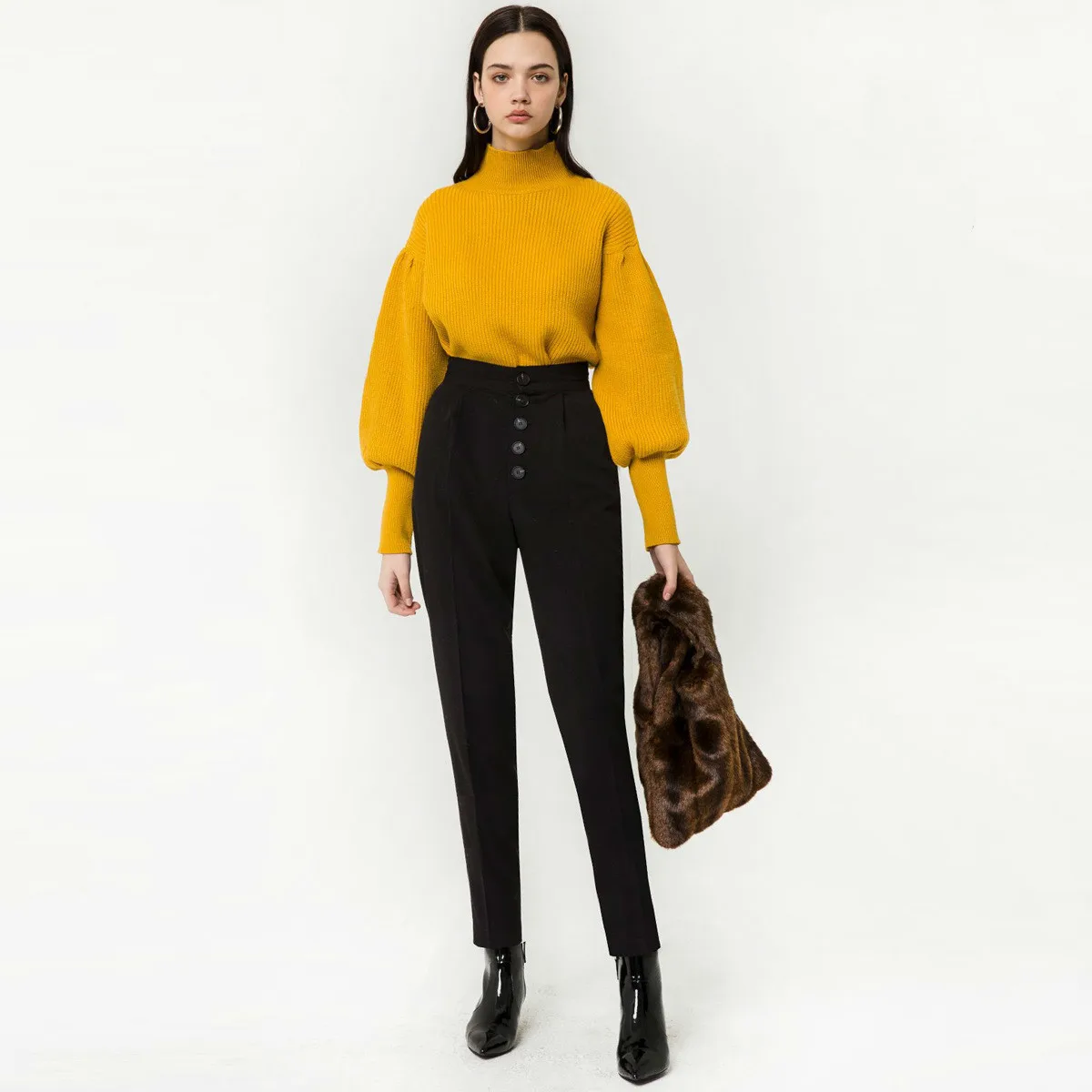 OKOUFEN 2018 Autumn Winter Fashion Concise Sweet Wind Restore Ancient Ways Hubble-bubble Sleeve High Lead Knitting Sweater | Женская