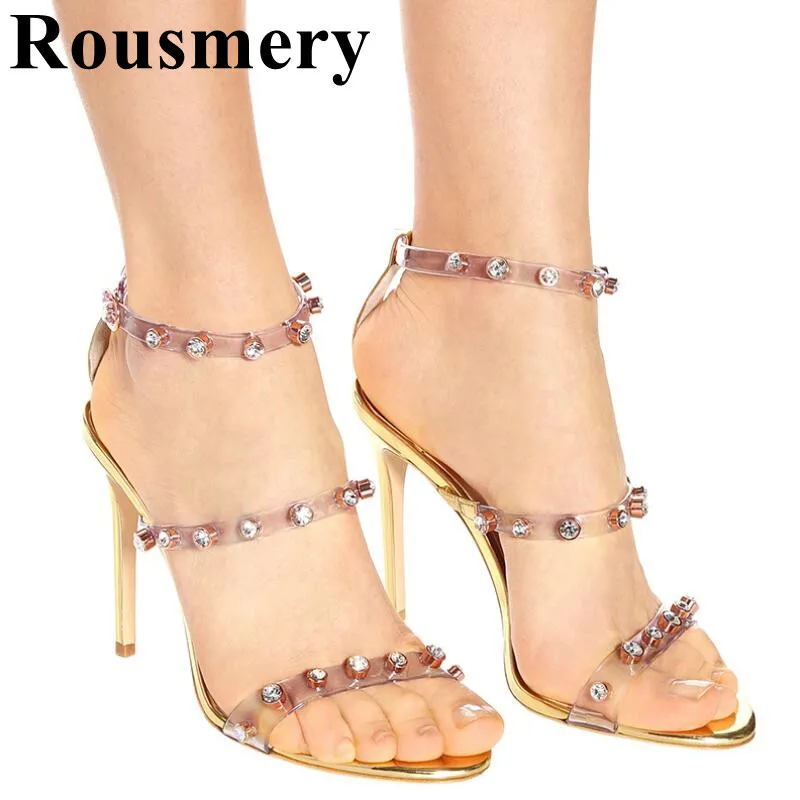 

2019 Summer Shoes Crystal Sexy Sample Narrow Band Buckle Strap Sexy Thin High Heel And Open Toe Gold Color Women Sandals