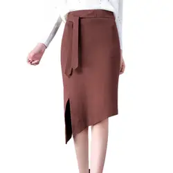 Нерегулярные женские офисные Миди-юбки осень-зима Винтаж Для женщин корейский трикотажные 2018 юбки разрез стороны Узелок Высокая талия юбка