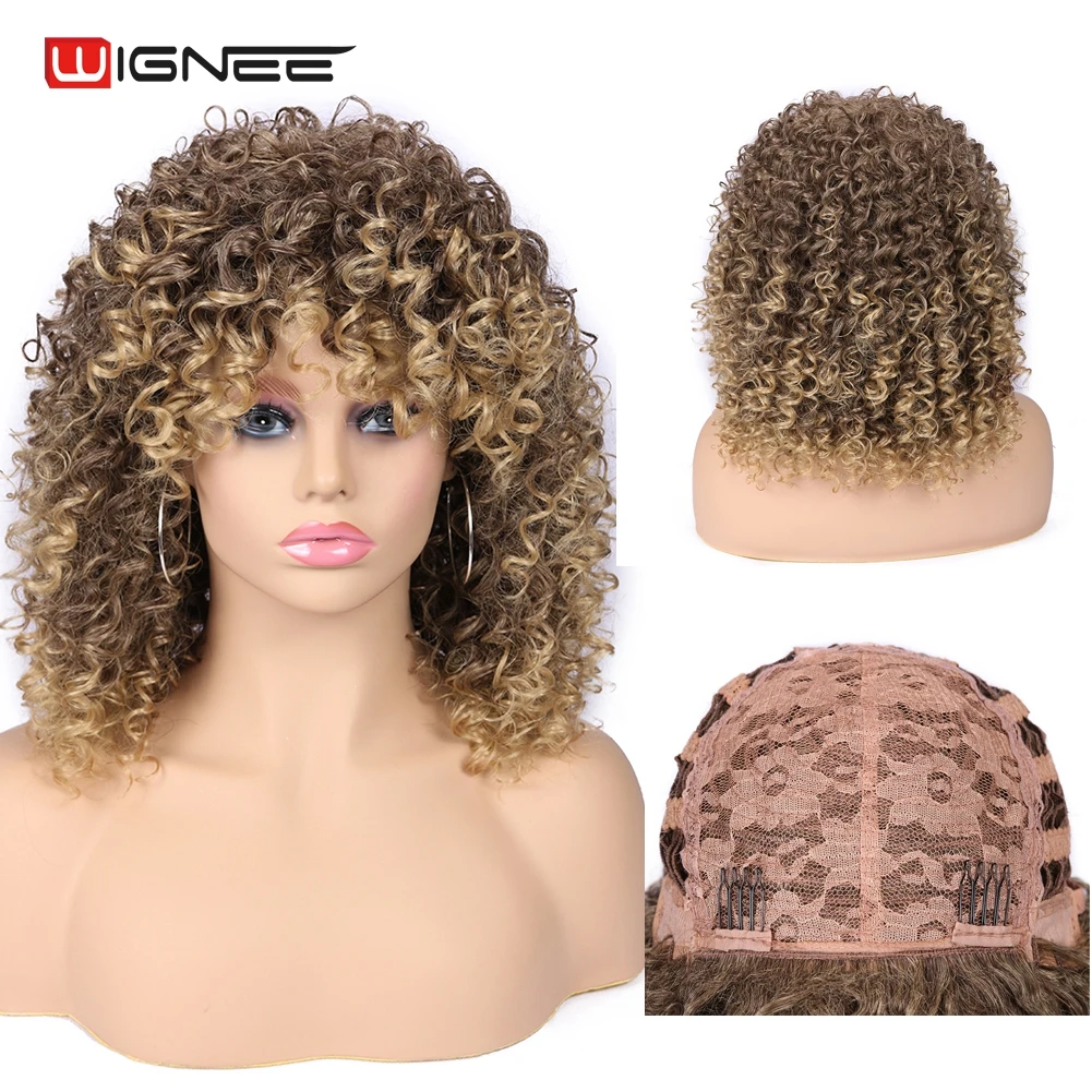 

Wignee Kinky Curly Wig With Bangs High Density Temperature Mix Brown Blonde None Lace Synthetic Wigs For Women African American