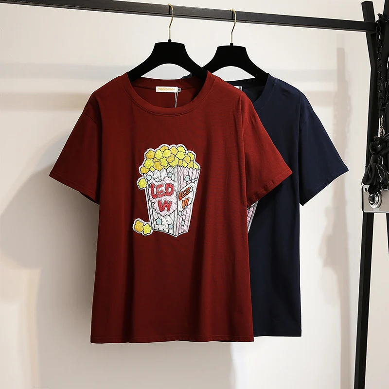 

Women T Shirt Plus Size 6XL3XL4XL Popcorn Cotton Tops 2019 Summer Maxi Black Tshirt Korean Loose Short Sleeve Women's Clothing