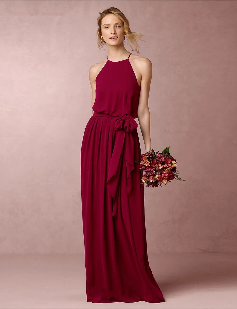 QQ 010 2016 New Design Elegant Halter Sexy Wine Red Bridesmaid Dress