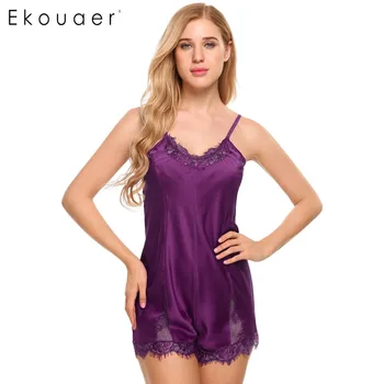 

Ekouaer Sexy Lace Patchwork Nightgown Women Strapy Sleeveless Lace-Trim Satin Sleepwear Playsuit Romper Solid Female Nightwear