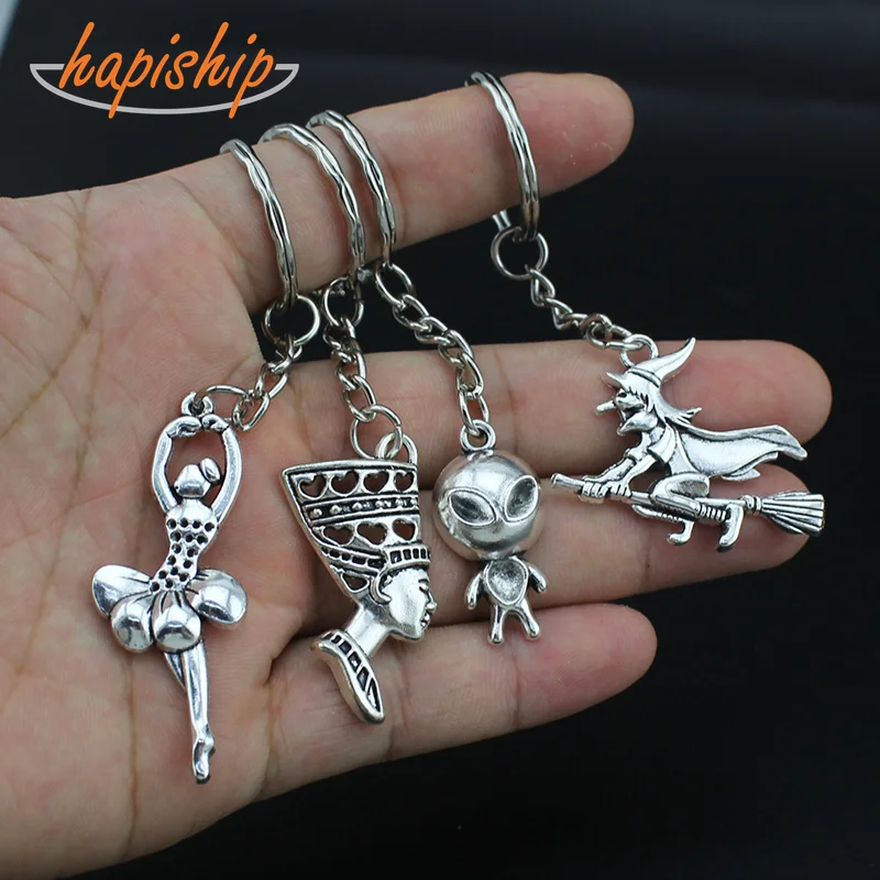 

Hapiship 2018 Women/Men's Fashion Handmade Vintage Silver Witch Girl Aliens Key Chains Key Rings Alloy Charms Gifts YSCA23