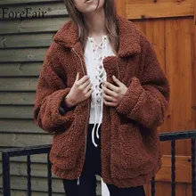 Forefair/зимнее пальто из искусственного меха размера d, Женская куртка с натуральным мехом плюшевого мишки, повседневное пальто свободного размера плюс с карманами и отворотами