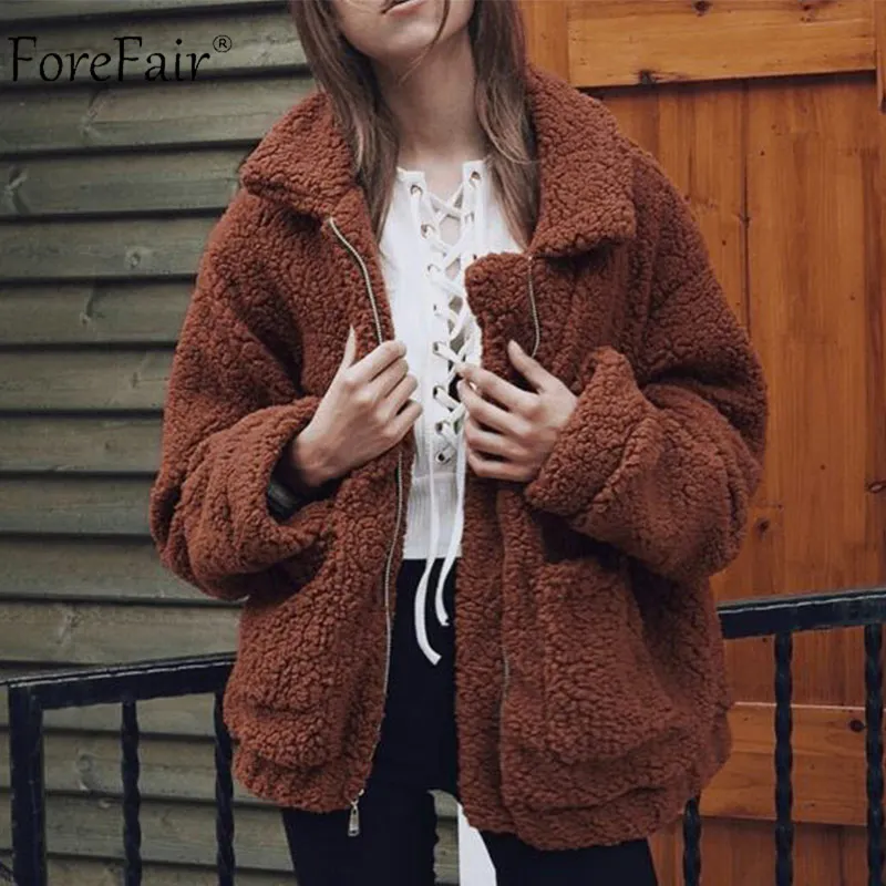 Beste Forefair Winter Oversized Faux Bontjas Vrouwen Natuurlijke Bont Teddybeer Jas Zakken Revers Casual Losse Plus Size Overjas