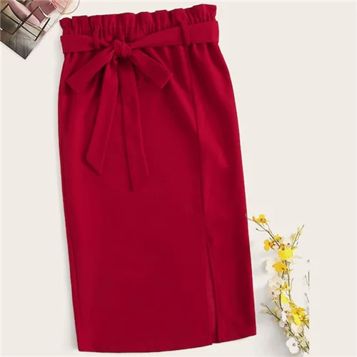 COLROVIE красная Однотонная юбка-карандаш с разрезом, элегантная женская юбка с поясом, весна, высокая талия, жабо, миди юбки, офисные женские юбки - Цвет: Красный