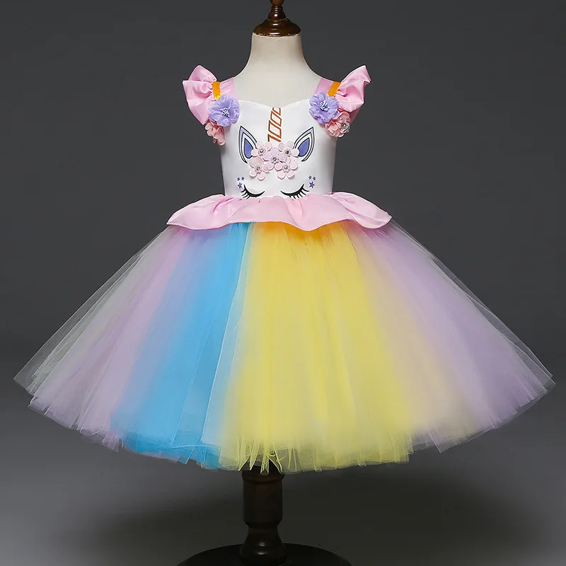 

2018 Hot girl Christmas costume dress Girls Unicorn Beading Floral Mesh Tutu Dresses Princess Kids Cosplay Christmas Party Dress