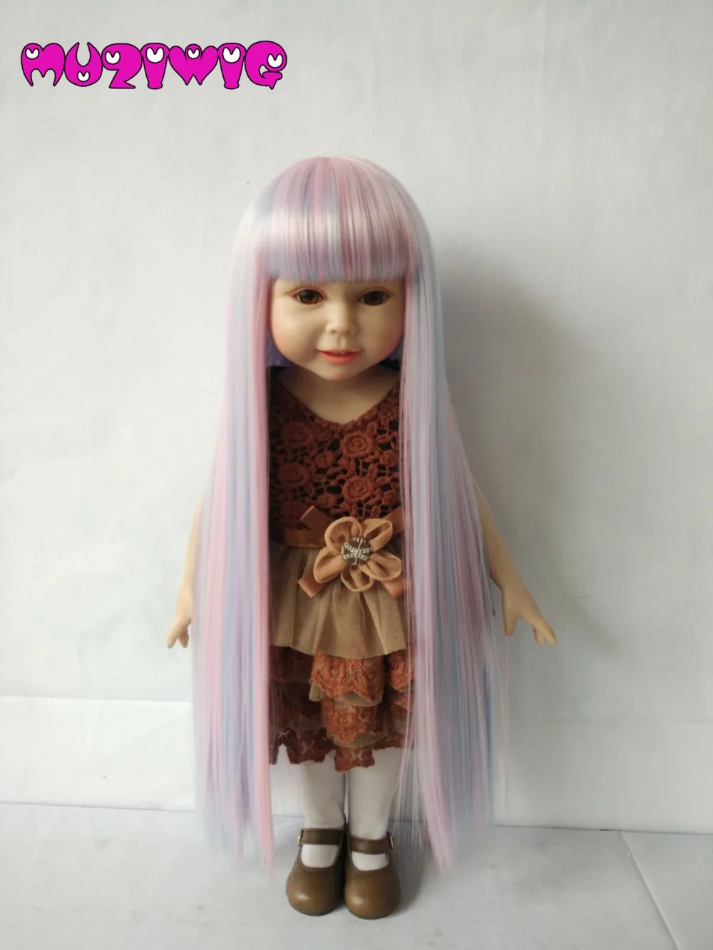 

Heat Resistant Fiber Long Straight Ombre Color with Bangs Pink Purple Doll Wigs for 18'' Height American doll accessories