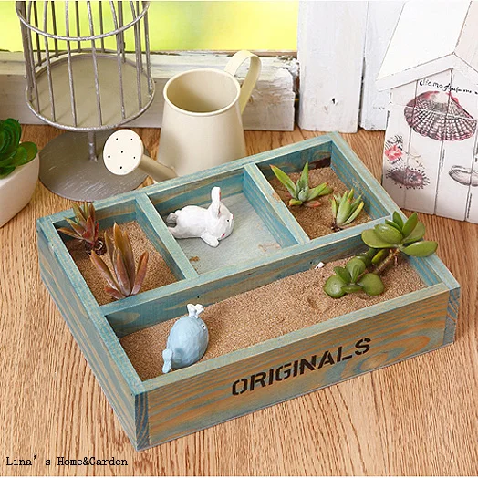 

Chic Distressed Blue Wooden Tray with Compartments