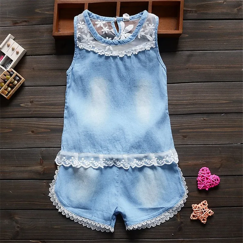 

BibiCola summer Baby Girl Denim Clothing Set Kids Girls 2pcs/set casual Jeans Tops+Shorts Bebes Girls O-neck lace Clothes