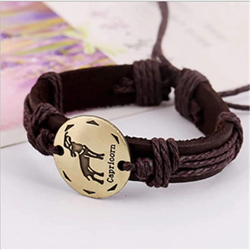 Мода 12 знаки зодиака кожаный браслет созвездия кожаные браслеты регулируемый браслет ювелирные изделия SL-409 - Окраска металла: capricorn
