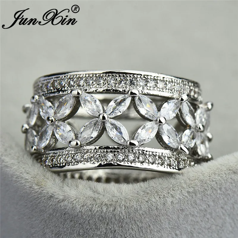JUNXIN OL Female Crystal Butterfly Flower Big Rings For Women 925 Silver Filled White Zircon Horse Eye Stone Engagement Ring CZ