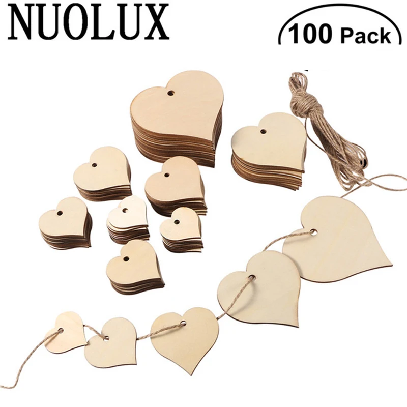 NUOLUX 100 шт в форме сердца деревянные пластинки с 10 м натуральный шпагат для Свадебные украшения DIY Искусство ремесленные товары, карточка делая