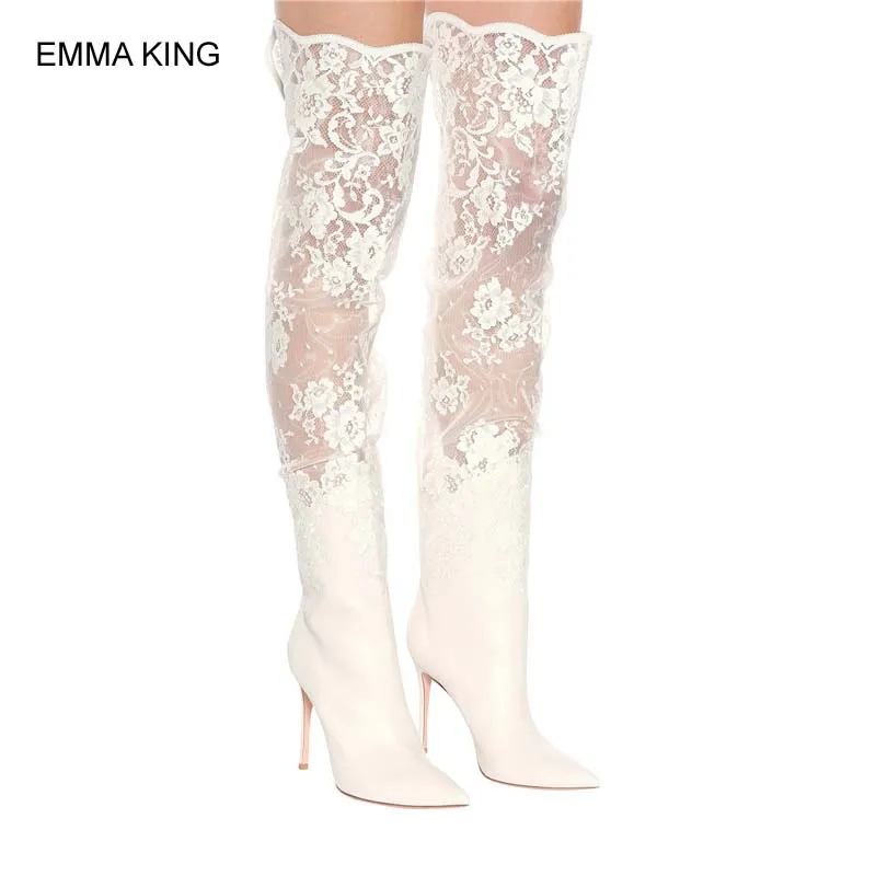 

Stretch Lace With Flock Over The Knee Booties Women Thin Heels Pointed Toe Slip On Trendy Botas Mujer 2019 Party Shoes Woman