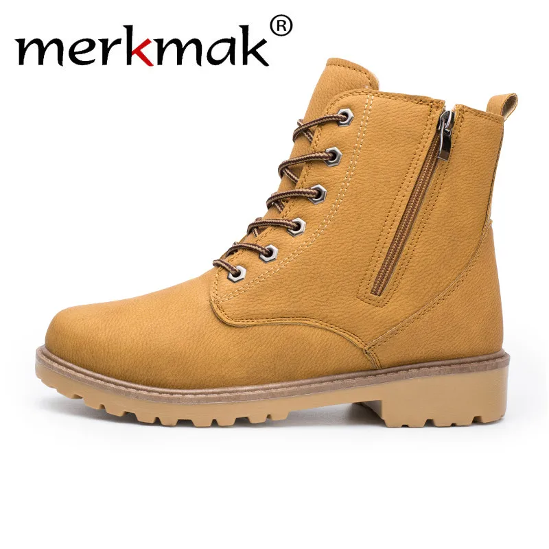 

Merkmak Men New Ankle Boots Autumn Winter Leather Martin Boots British Style Outdoor Casual Shoes Warm Zipper Men Shoes Black