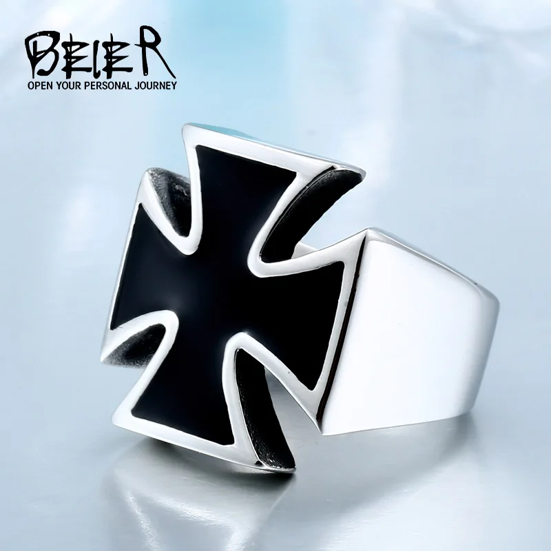 BEIER Old style Unisex Black Sureface For Woman And Man Stainless Steel Gothic Punk Cross Finger Ring Gift Jewelry BR8-505