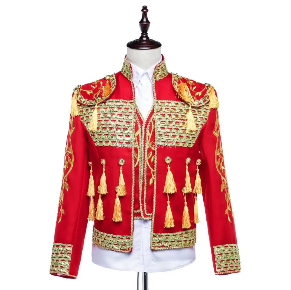 

Fashion Plus size palace red Suits men's Costumes male singer Jacket dance performance costume Gold Sequins Tassel Outfit