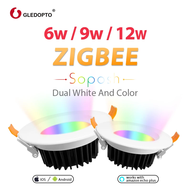 

GLEDOPTO ZIGBEE ZLL smart 6W 9W 12W LED RGBCCT WW/CW downlight compatible with Amazon echo plus and many gateways phone control