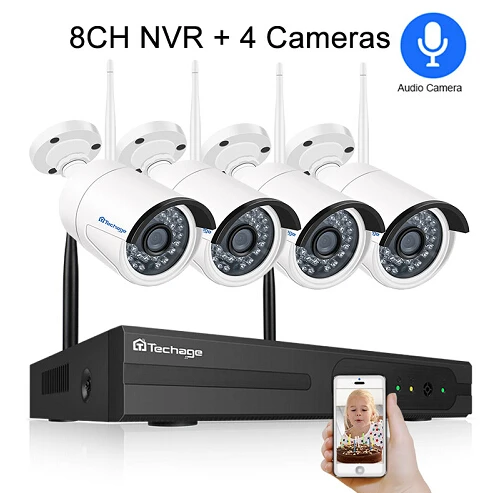 Techage 8CH аудио звук беспроводная CCTV система безопасности 1080P 2MP Wifi NVR Водонепроницаемая камера P2P комплект видеонаблюдения 3 ТБ HDD - Цвет: 8CH NVR and 4 camera