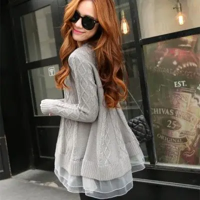 

2016 Spring Korean Style Women's Long Thin O-neck Base Loose Sweater Lace Jacket