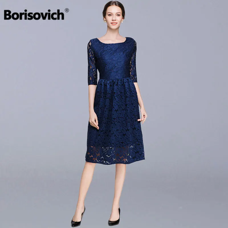 

Borisovich Luxury Women Lace Casual Dress New Brand 2018 Autumn Fashion O-neck A-line Elegant Slim Ladies Party Dresses N340