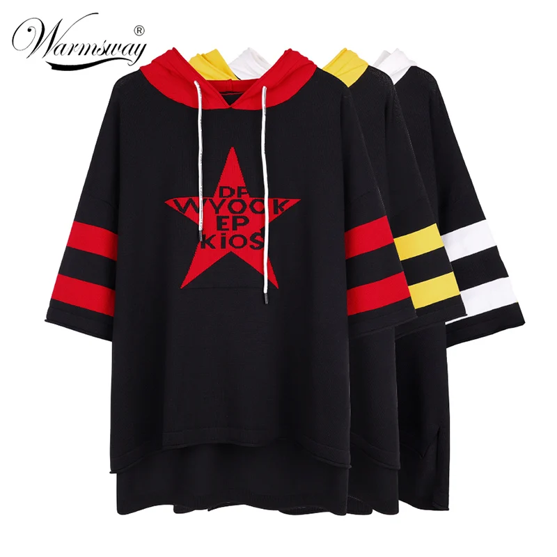 New Fashion Summer Loose Letter Star Jacquard T-shirt Women Hooded Striped Big Size Knitted Pullover top Preppy Style C-110