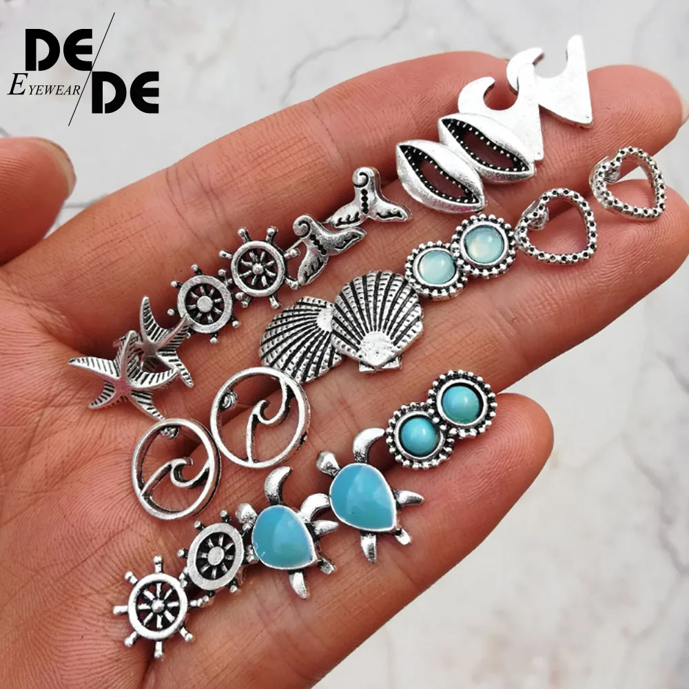 

12 Pcs/Set Bohemian Owl Elephant Stud Earrings Set For Women Vintage Crown Rudder Heart Round Earring Statement Jewelry 2019