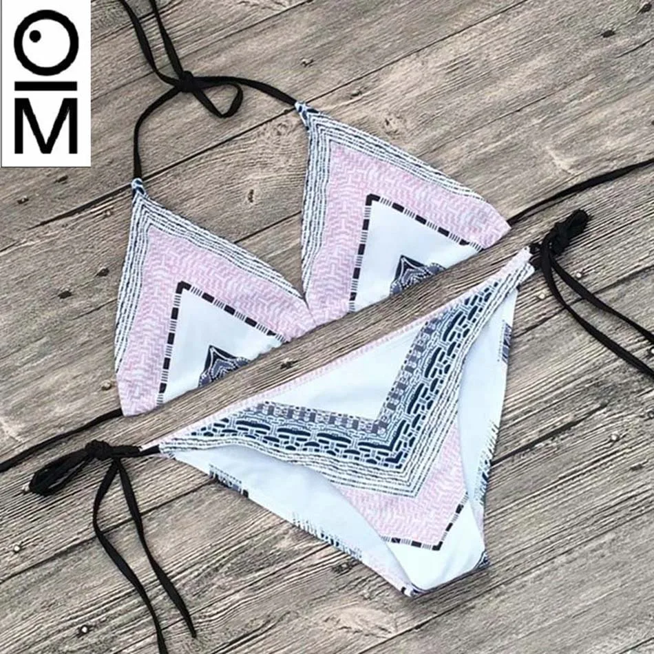 OM 2018 Retro Bikini Set Women Swimsuit Push Up Simple Model Brazilian Print Bikinis Halter Padded Biquini Feminino Swimwear - 22_1