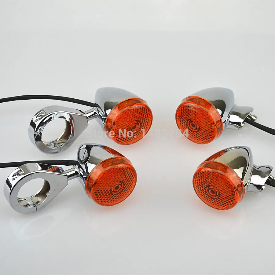 

4X Amber Light Chrome Housing Front Rear Motorcycle LED Turn Signal Light Idicators 39mm Fork Clamp Case for Harley